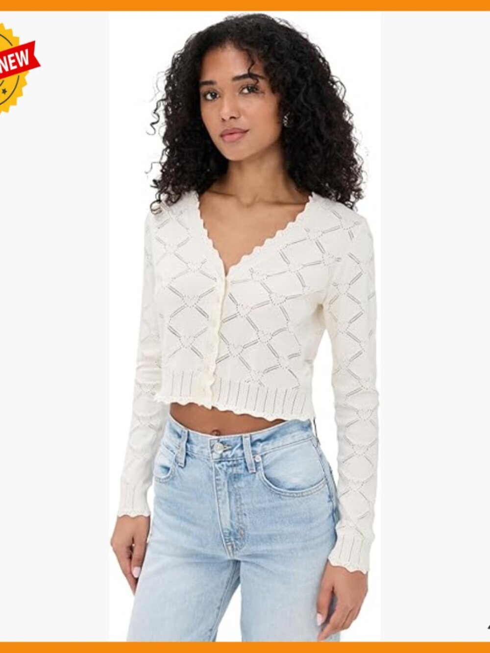 Lightweight Cotton Cardigan with Scallop Edges, Crew Neck